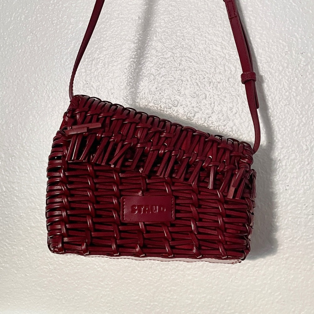 STAUD Rio Woven Leather Crossbody Bag Burgundy Red Asymmetric Basket Bag - Picture 2 of 8